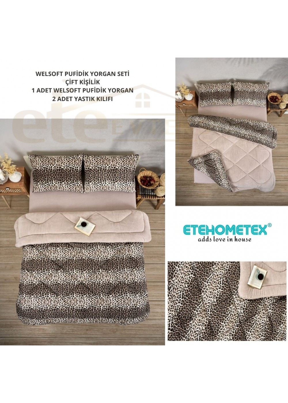 ETE HOMETEX ÇİFT KİŞİLİK LÜX WELSOFT YORGAN SETİ 195X215CM LEOPAR BEJ 8696474231945